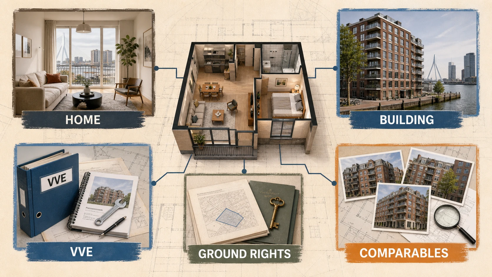 Apartment valuation diagram connecting apartment rights, building, owners association, ground rights and comparable homes