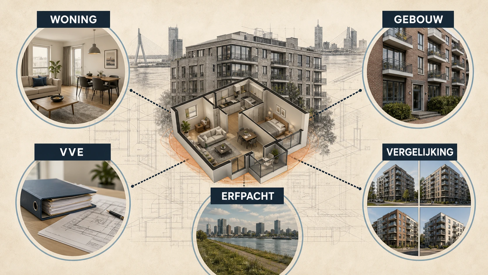 Schema voor appartementstaxatie met appartementsrecht, gebouw, VvE, erfpacht en vergelijkingswoningen