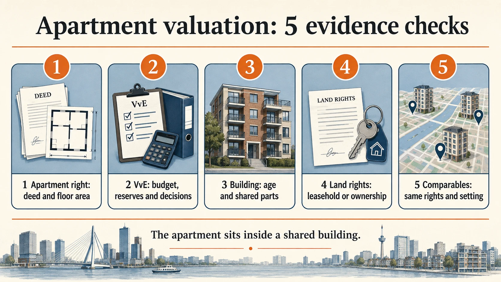 Five apartment valuation checks: apartment right, VvE, building, land rights and comparable properties