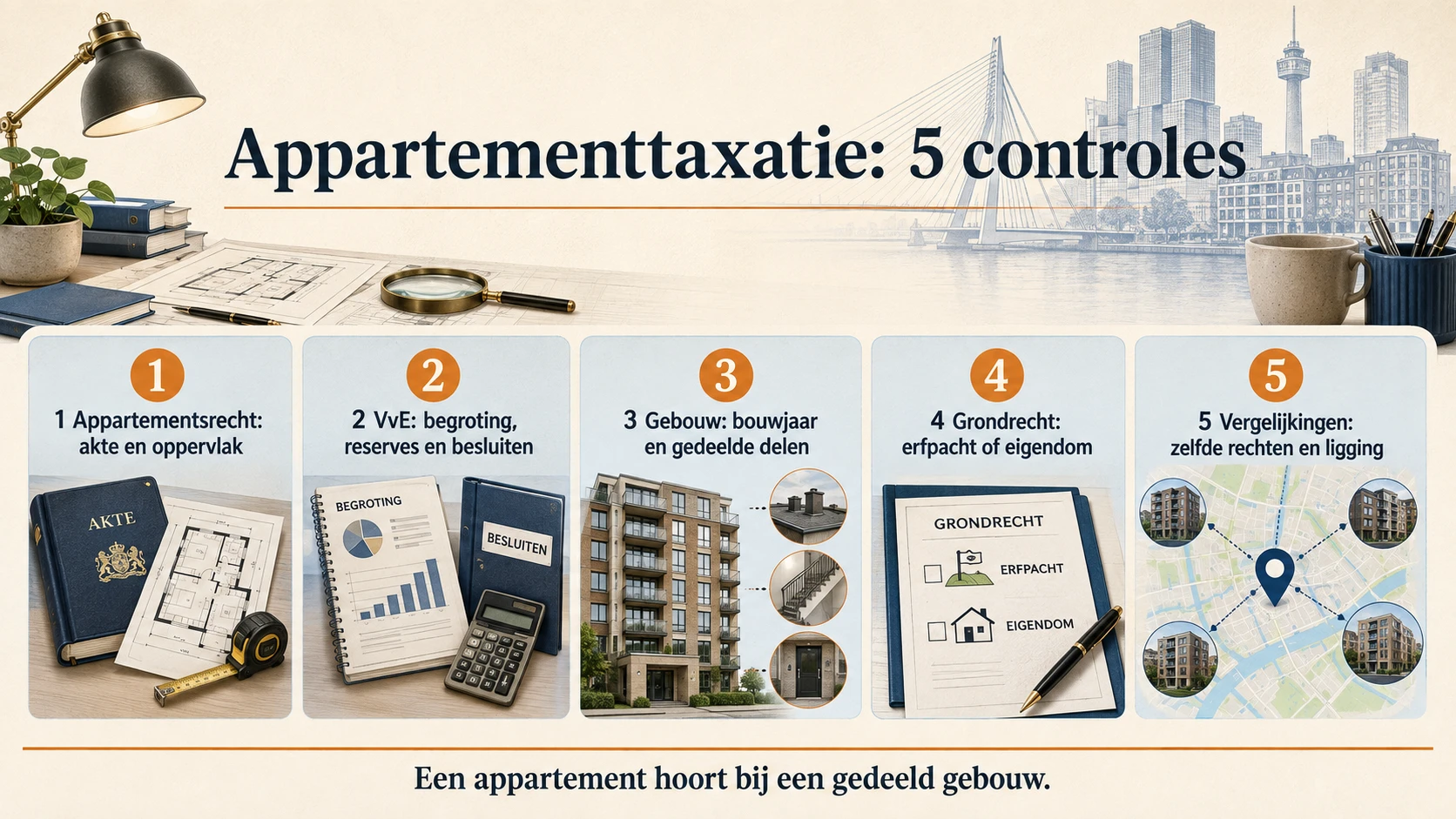Vijf controles voor appartementtaxatie: appartementsrecht, VvE, gebouw, grondrecht en vergelijkingspanden