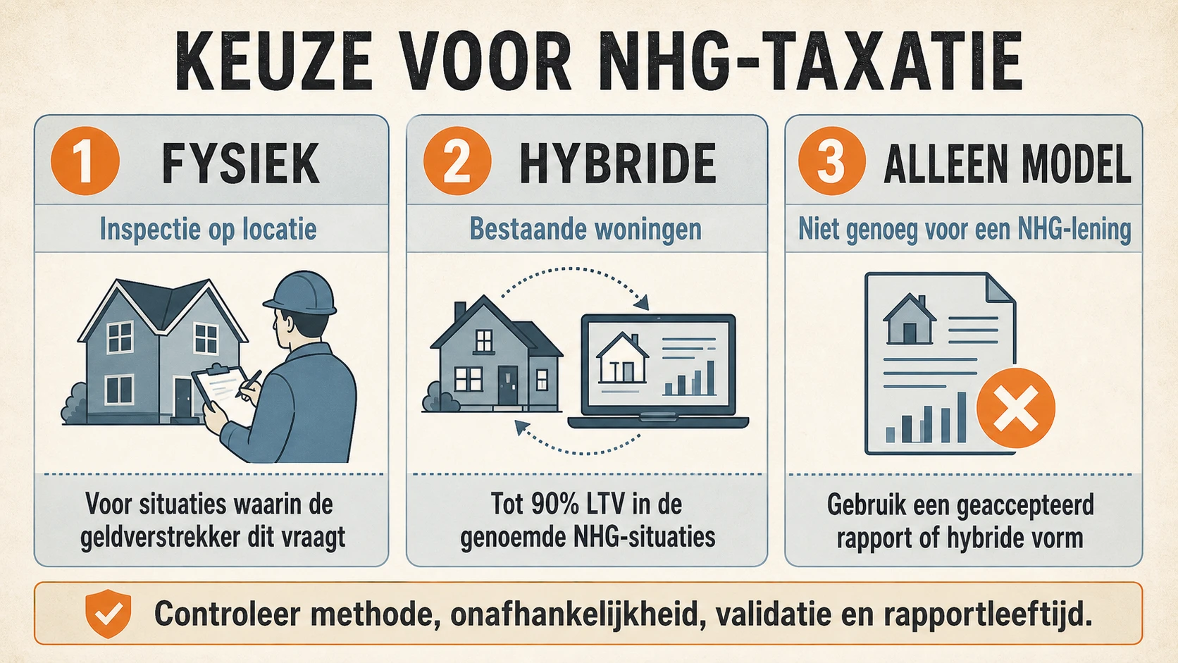 Keuze voor NHG-taxatie met vergelijking van fysiek, hybride en alleen model en controles op onafhankelijkheid, validatie en rapportleeftijd