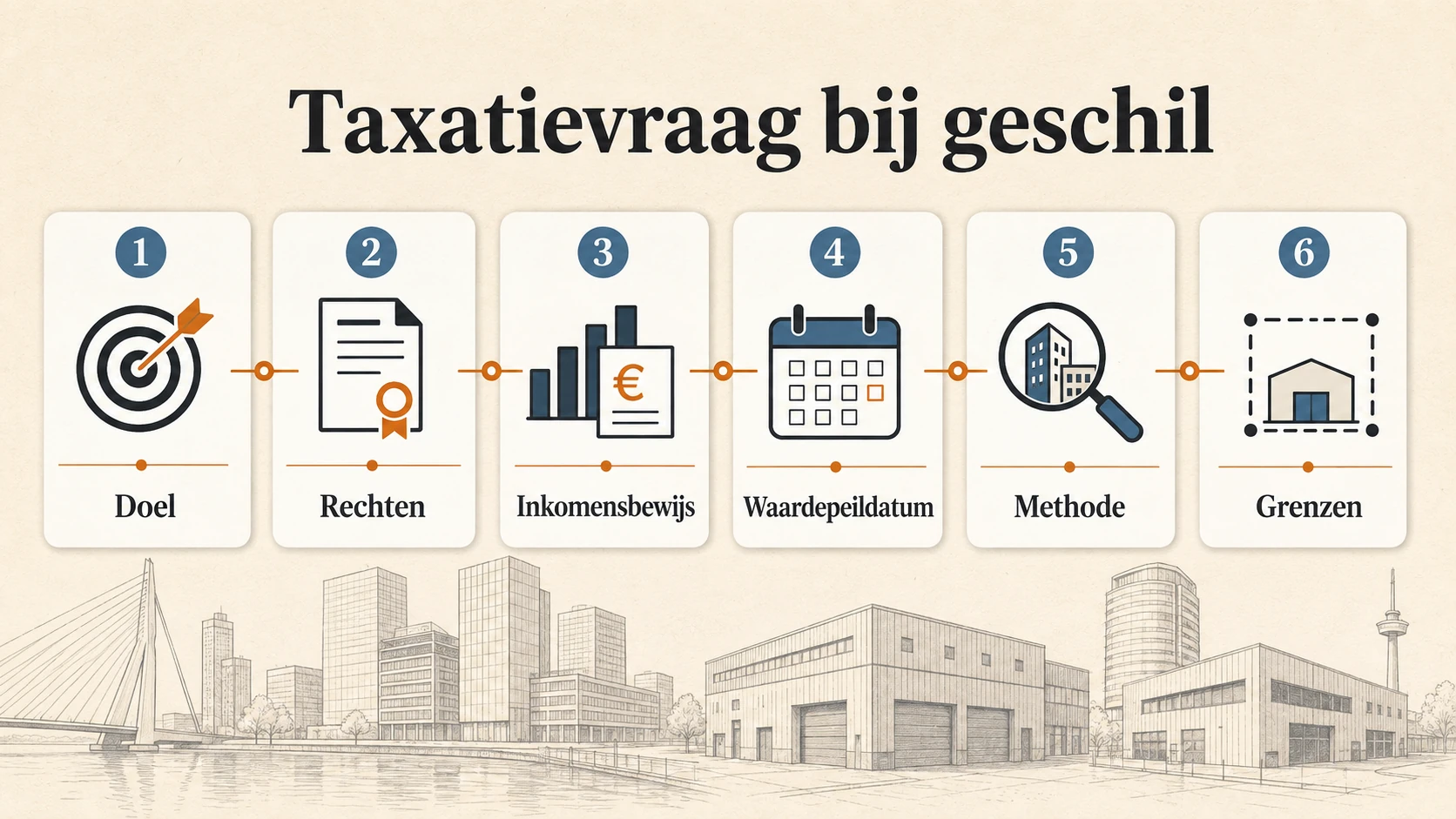 Taxatievraag bij geschil met labels voor doel, rechten, inkomensbewijs, waardepeildatum, methode en grenzen