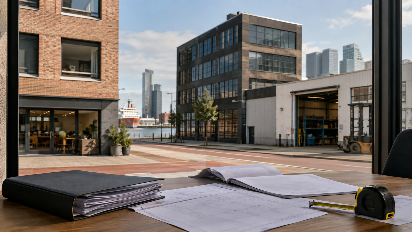 Rotterdamse bedrijfsgebouwen, plannen, een taxatiedossier en een rolmaat op een bureau