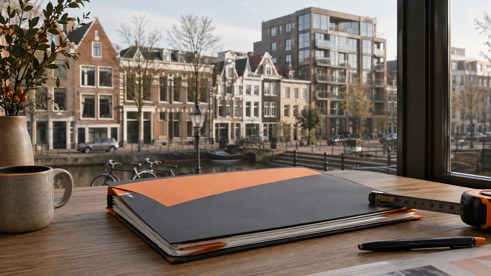 Een taxatiedossier naast Rotterdamse woningen met een rolmaat en pen
