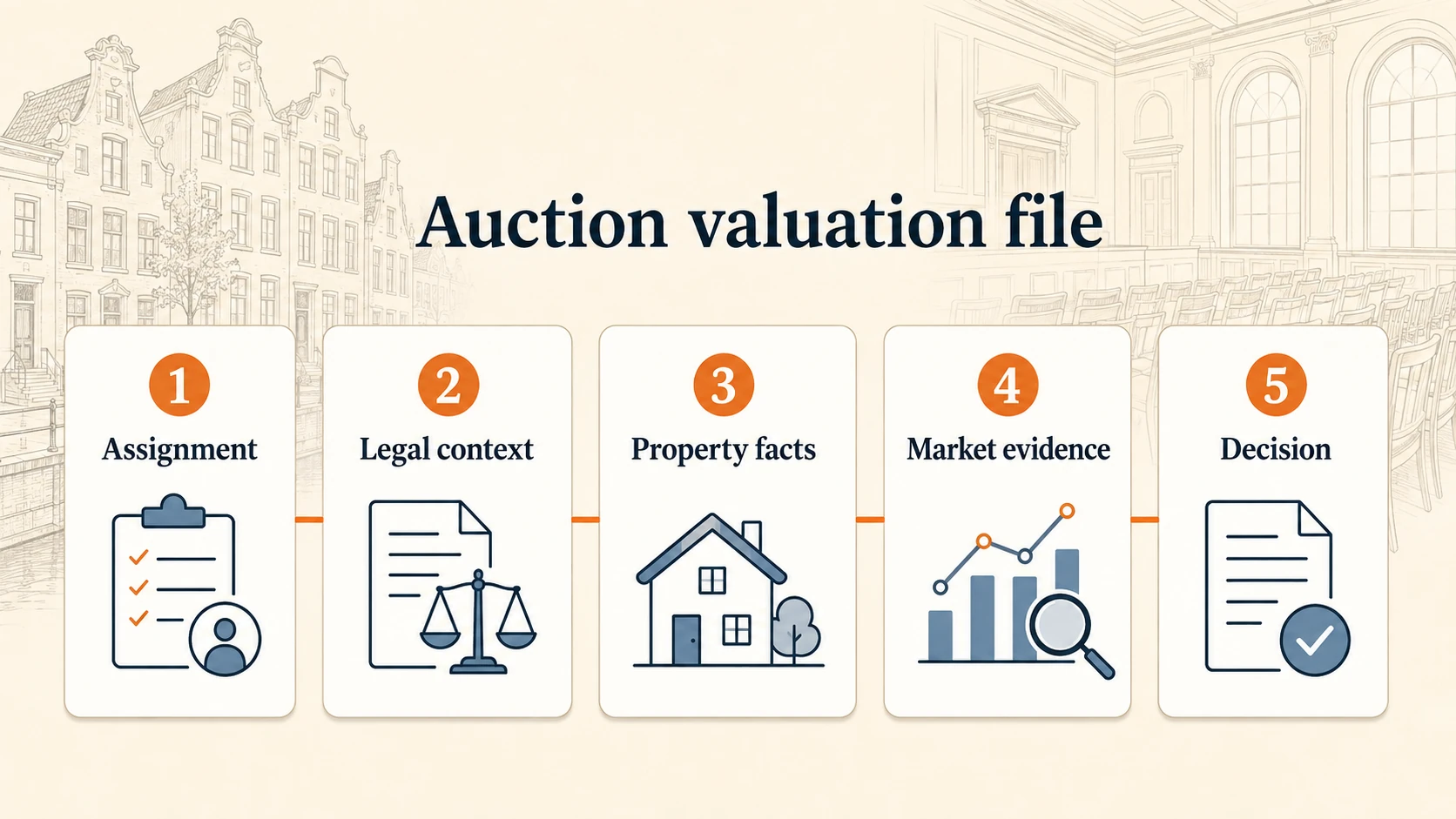 Auction valuation file showing assignment, legal context, property facts, market evidence and decision