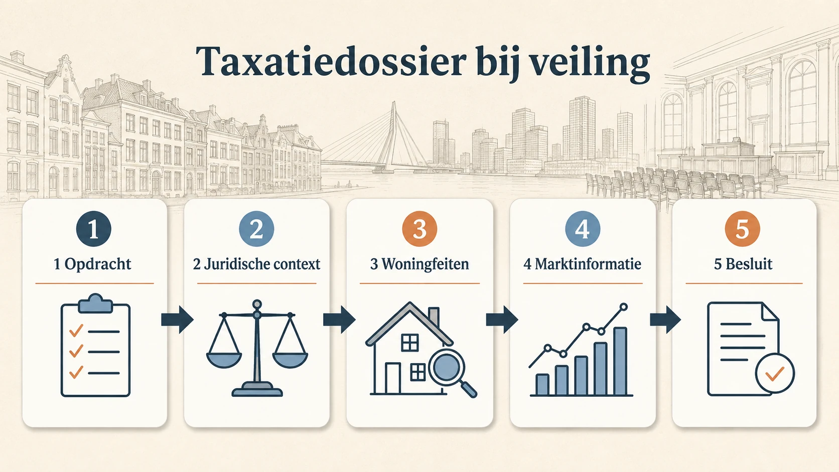 Taxatiedossier bij veiling met labels voor opdracht, juridische context, woningfeiten, marktinformatie en besluit