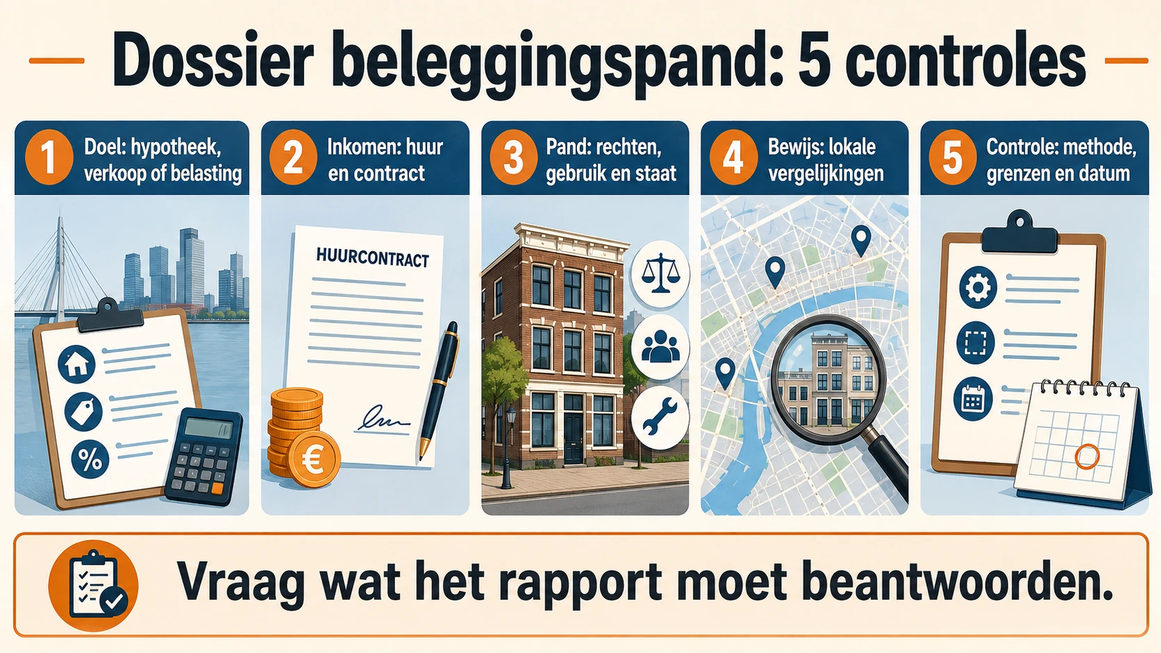 Vijf controles voor taxatie van een beleggingspand: doel, inkomen, pand, lokale vergelijkingen en controle