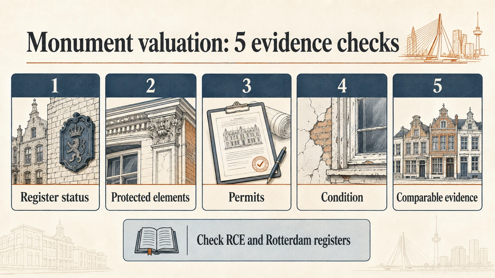 Five monument valuation evidence checks: register status, protected elements, permits, condition and comparable evidence