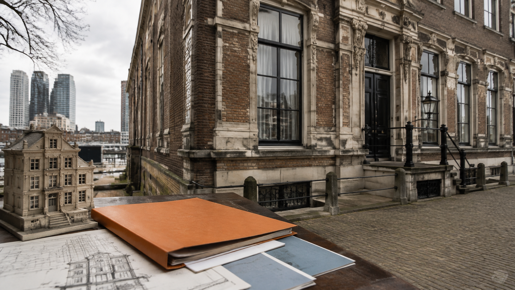 Een historisch Rotterdams pand met bouwtekeningen en een taxatiedossier op tafel
