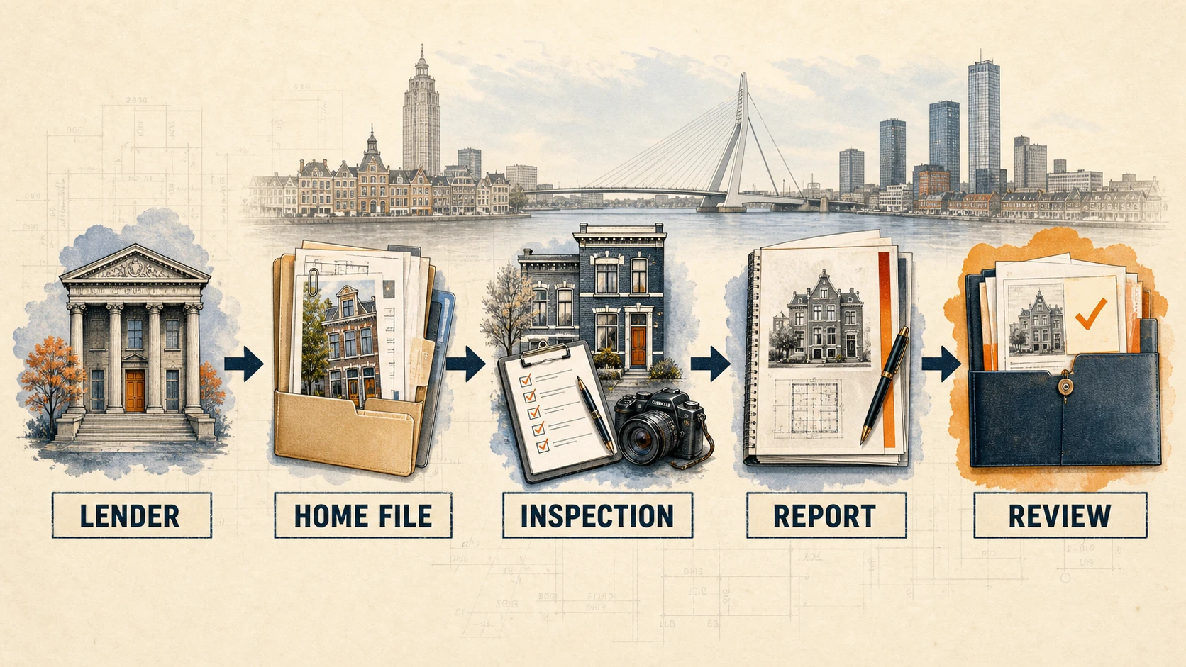 Mortgage valuation sequence from lender condition and property file to inspection, report and loan review