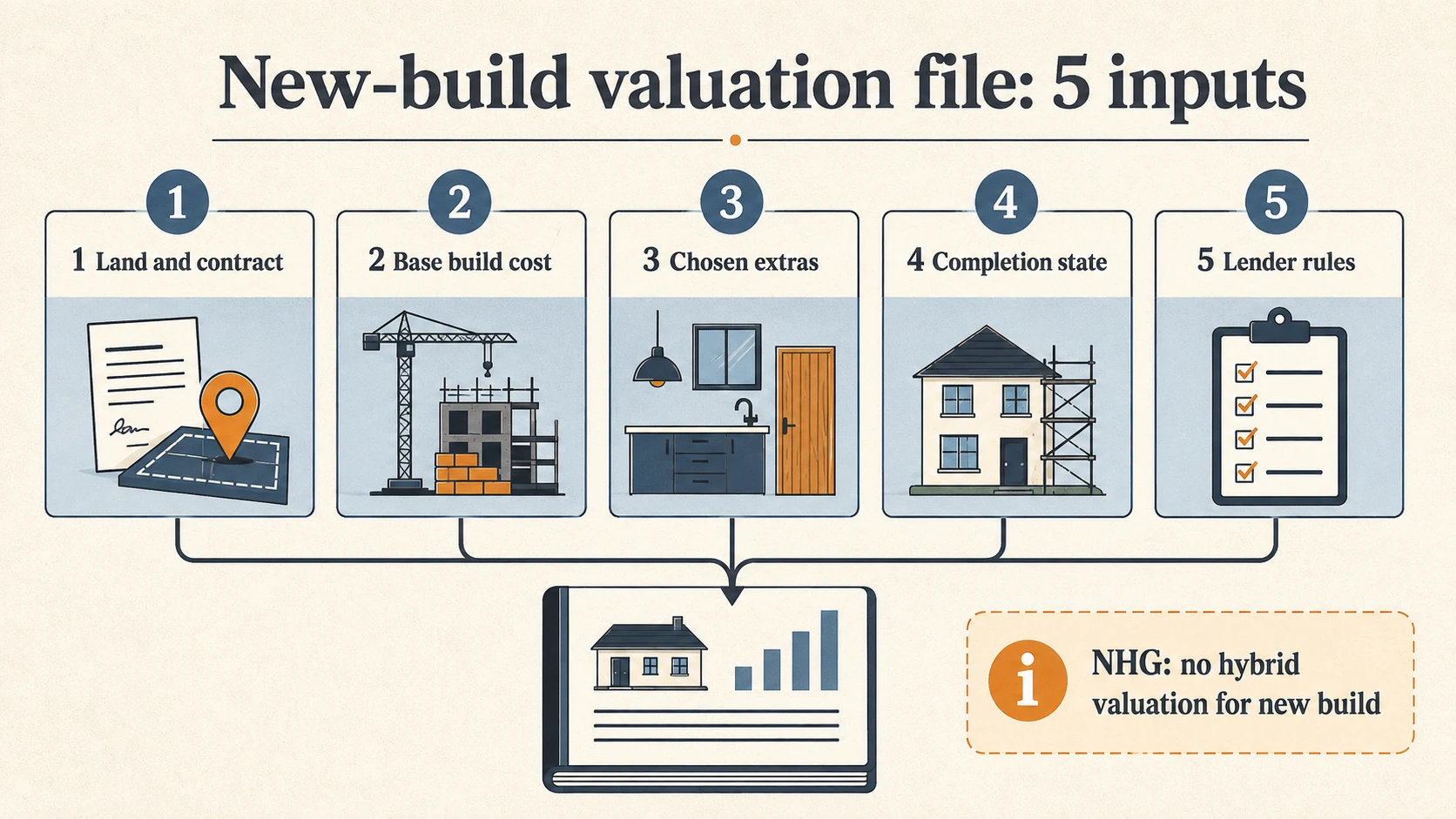 Five new-construction valuation inputs: land and contract, base construction cost, chosen extras, completion state and lender rules