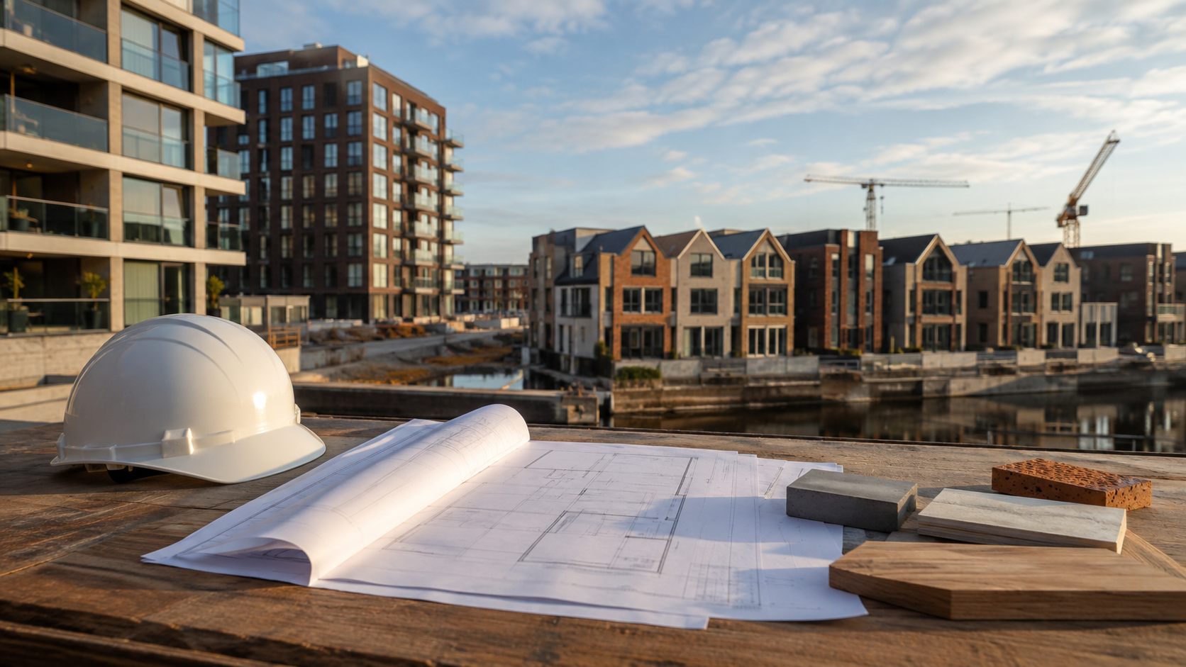 Nieuwbouwwoningen in Rotterdam in aanbouw met bouwtekeningen, materialen en een helm