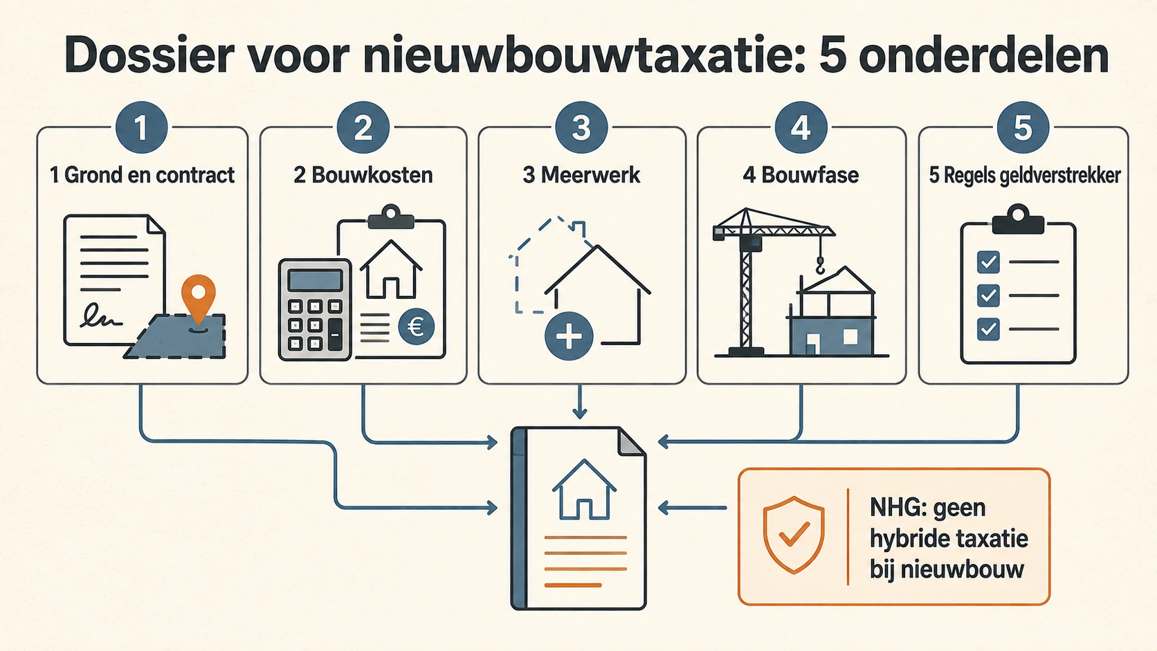 Vijf invoeren voor een nieuwbouwtaxatie: grond en contract, bouwkosten, meerwerk, bouwfase en regels van de geldverstrekker