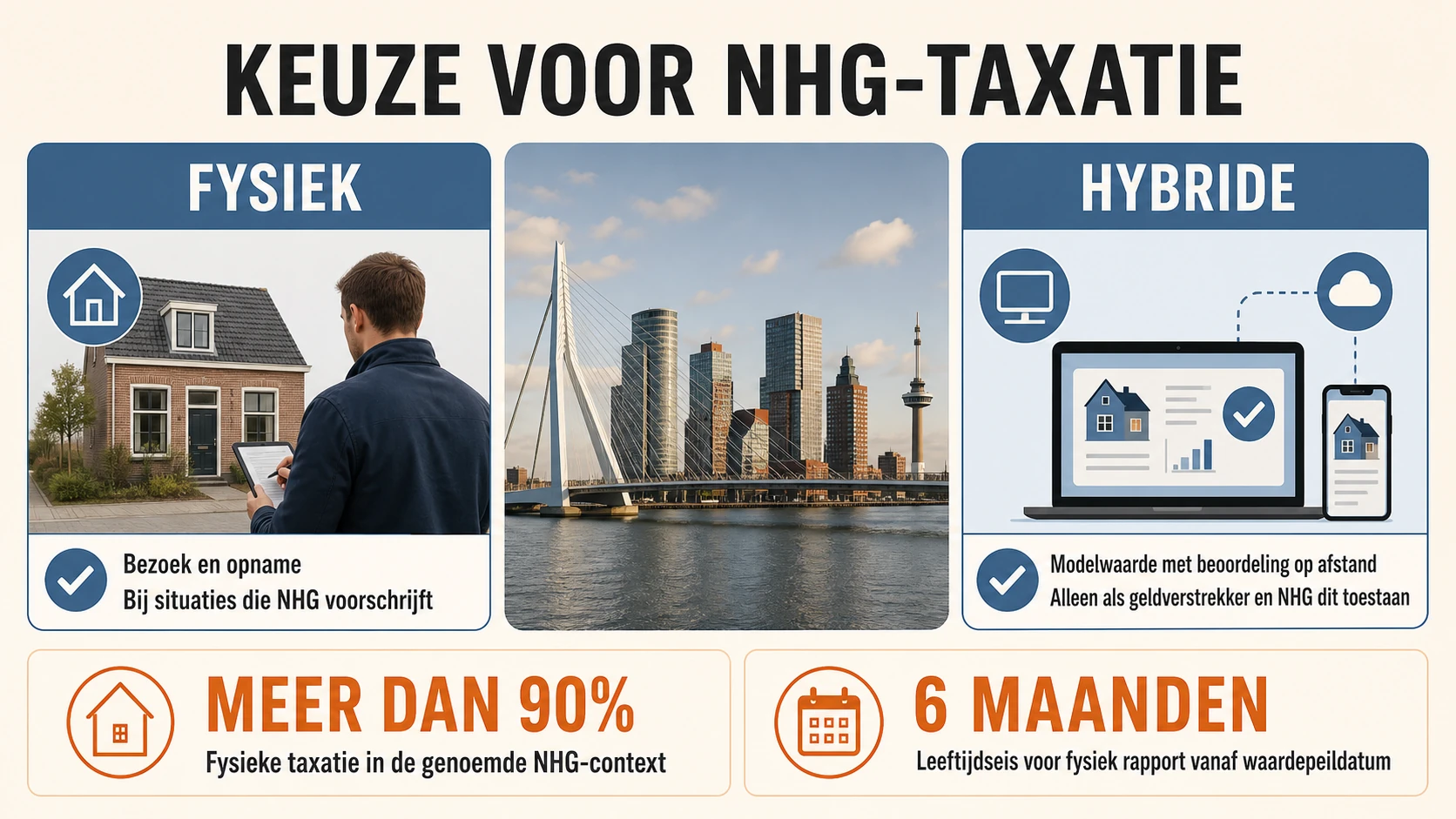 Keuze voor NHG-taxatie met vergelijking van fysiek en hybride, meer dan 90 procent en zes maanden