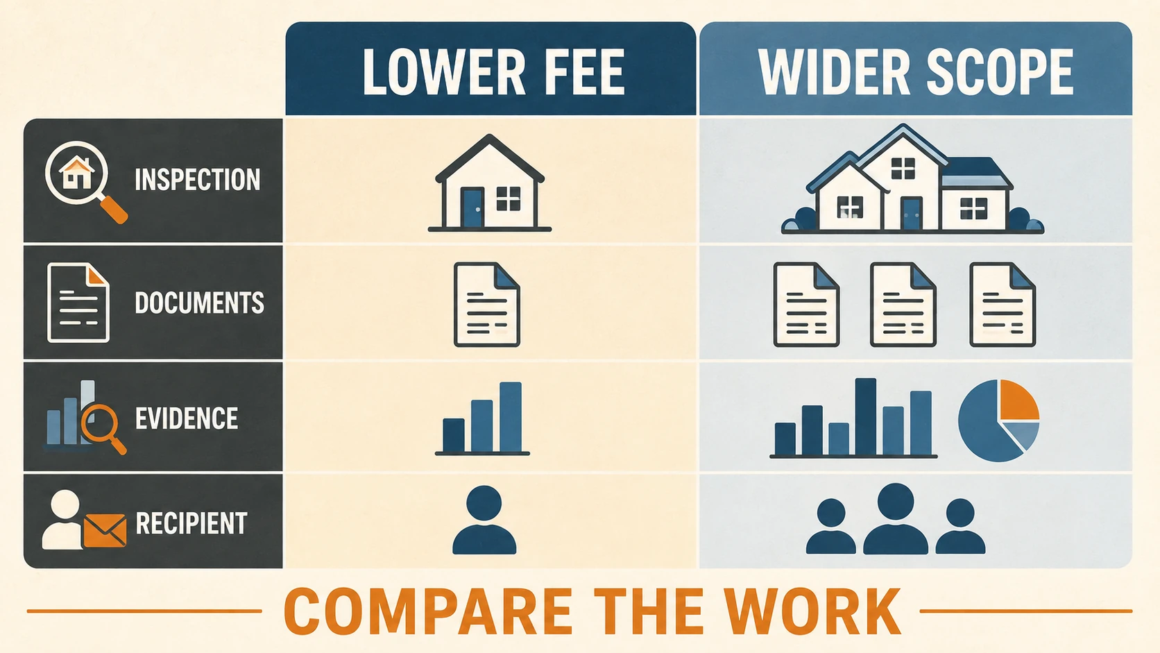 Comparison graphic showing lower fee, wider scope, inspection, documents, evidence, recipient and comparing the work