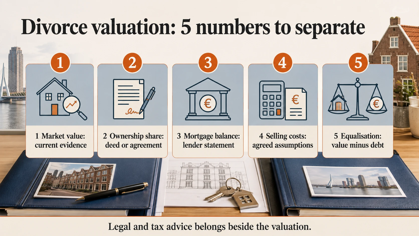 Five divorce valuation inputs: market value, ownership share, mortgage balance, selling costs and equalisation