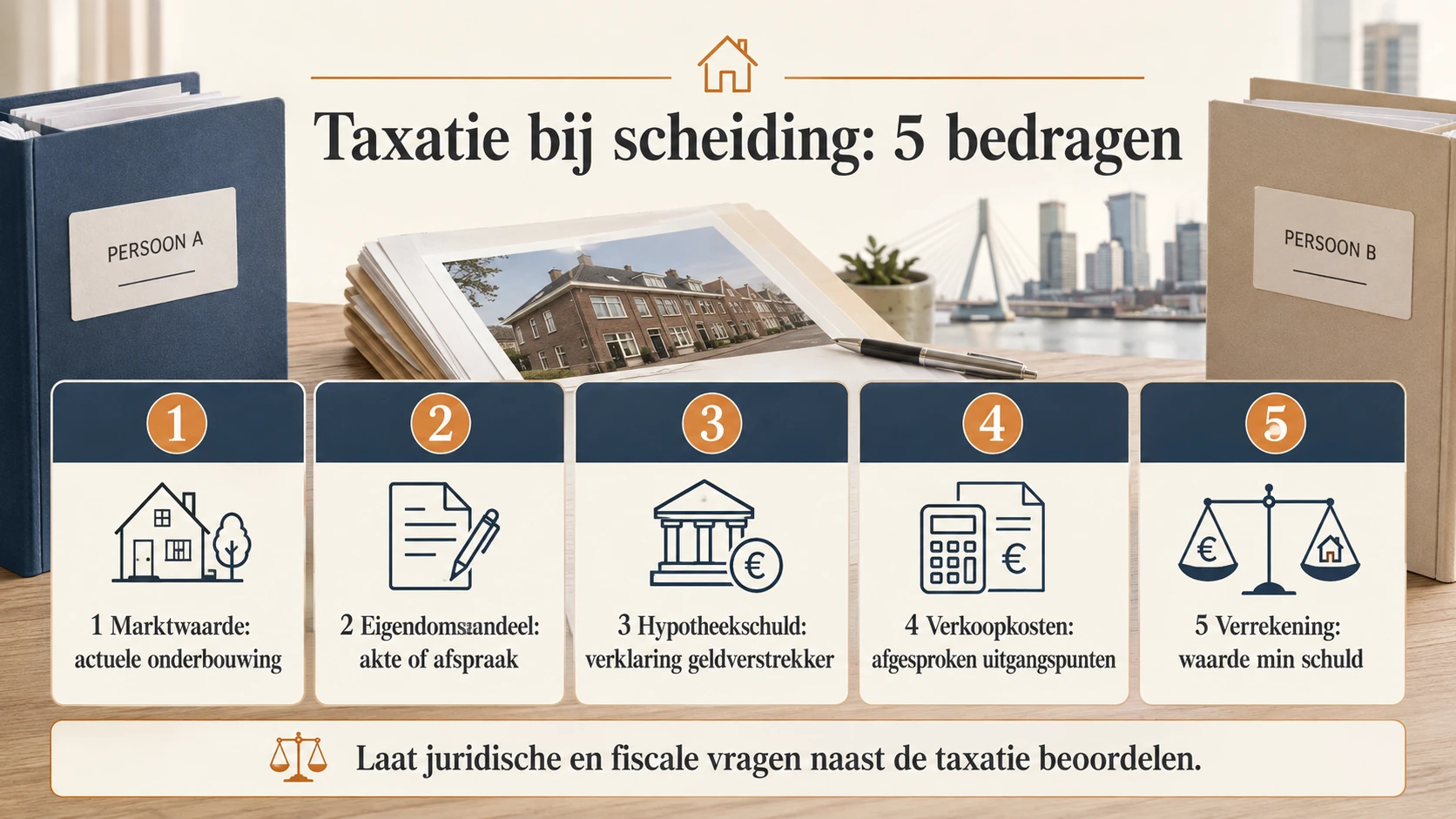 Vijf bedragen bij taxatie en scheiding: marktwaarde, eigendomsdeel, hypotheekschuld, verkoopkosten en verrekening