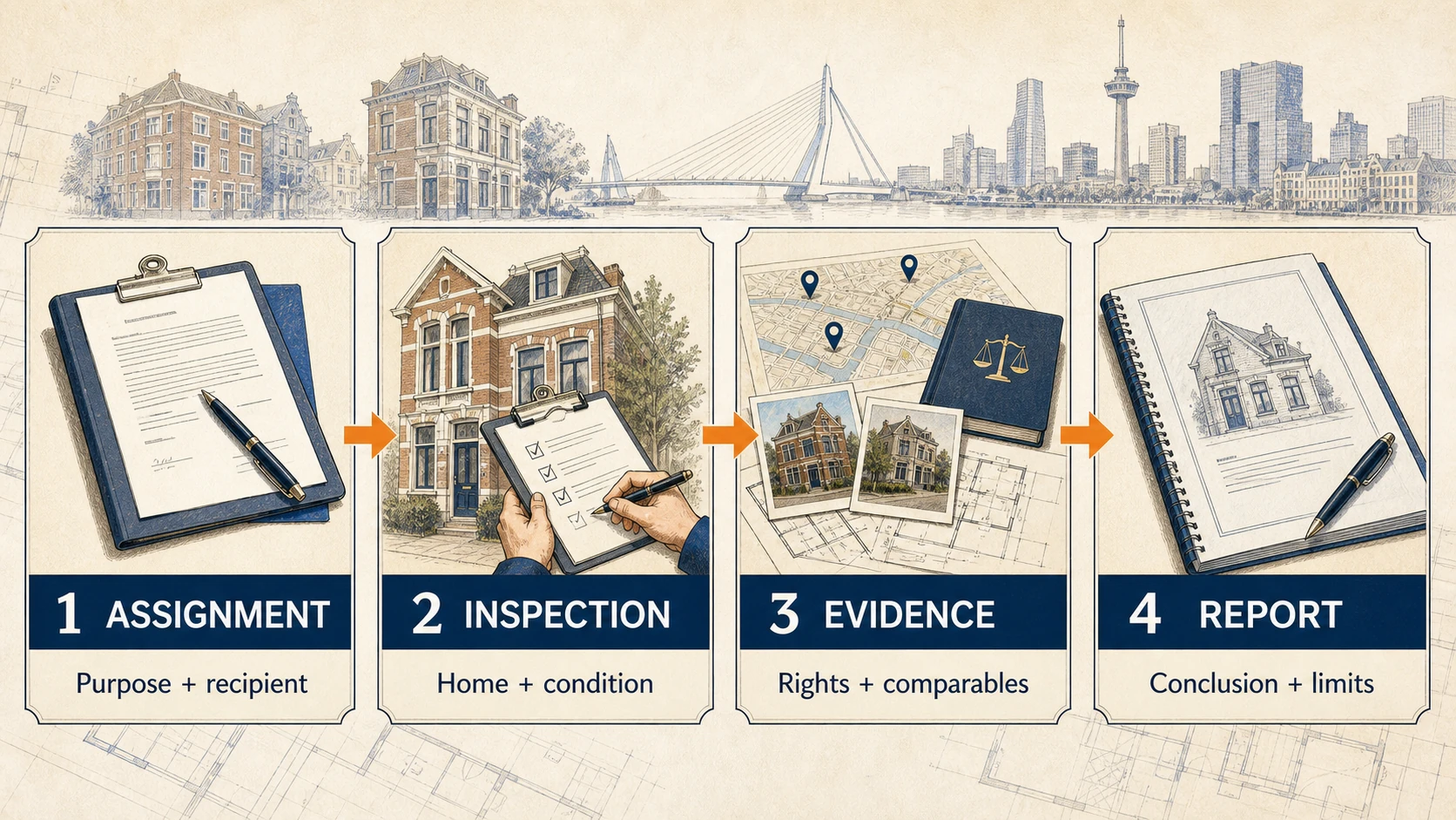 Four numbered stages of residential valuation: assignment, inspection, evidence and report, with the focus of each stage