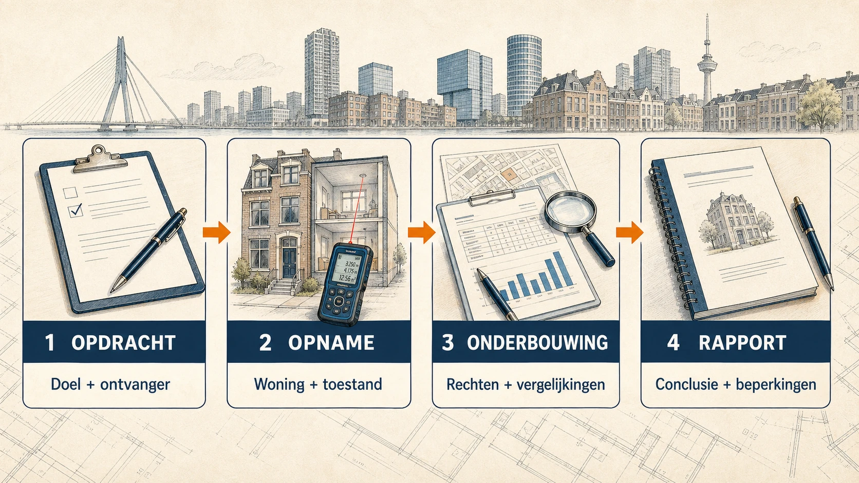 Vier genummerde fasen van een woningtaxatie: opdracht, opname, onderbouwing en rapport, met de focus per fase