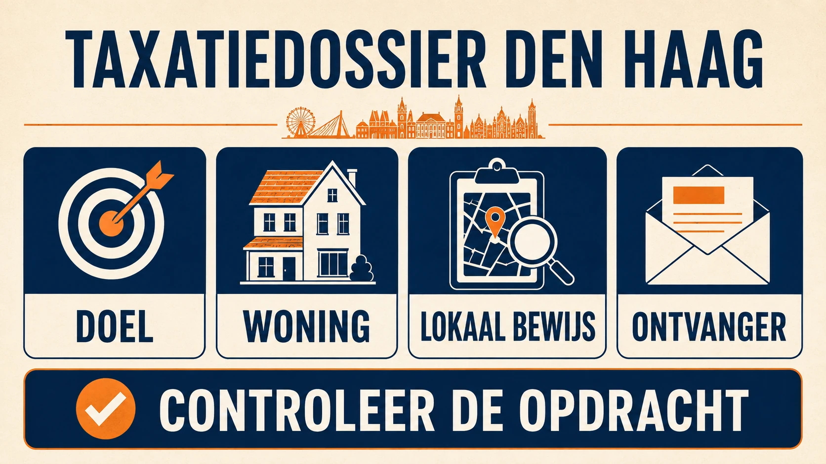 Taxatiedossier Den Haag met doel, woning, lokaal bewijs, ontvanger en controleer de opdracht