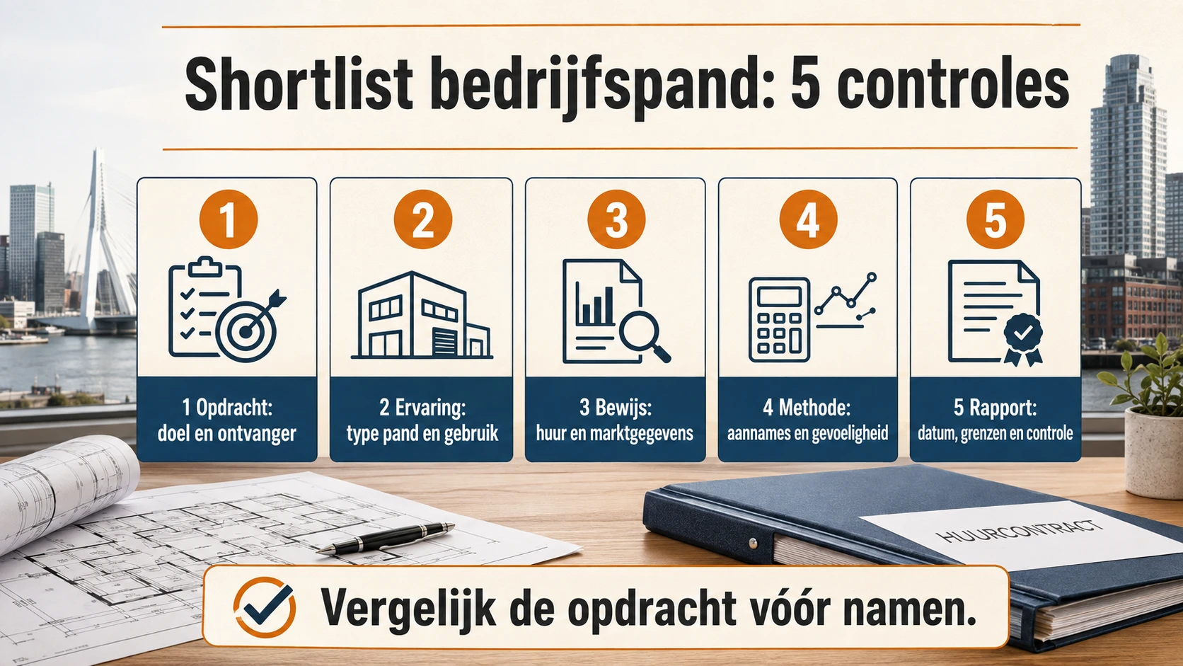 Vijf controles voor een shortlist van taxateurs van bedrijfspanden: opdracht, ervaring, bewijs, methode en rapport