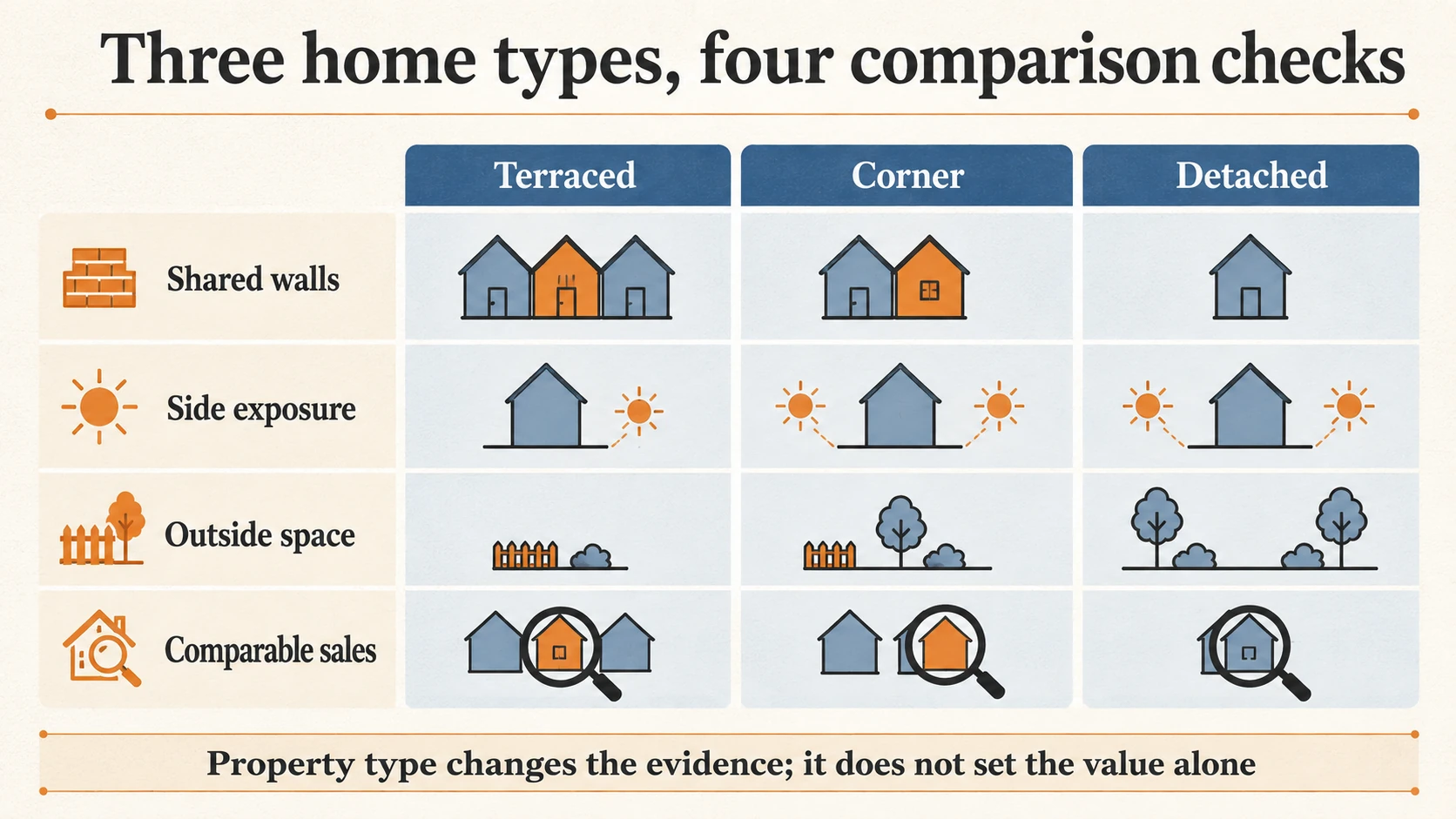 Comparison of terraced, corner and detached homes across shared walls, side exposure, outside space and comparable sales