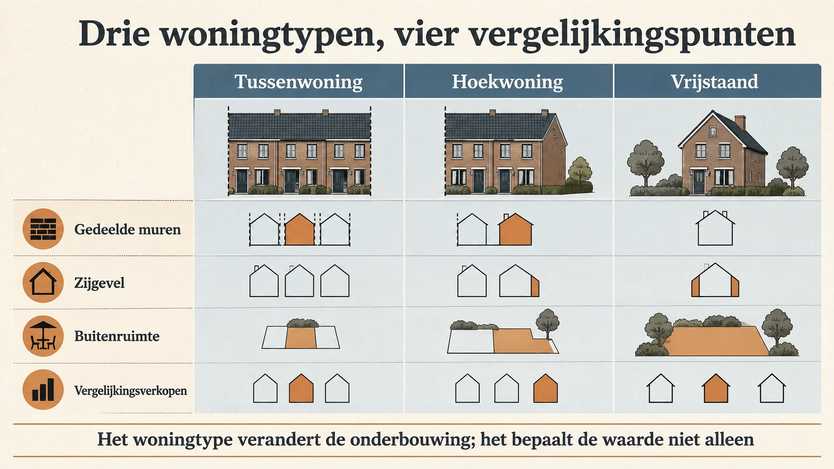 Vergelijking van tussenwoning, hoekwoning en vrijstaande woning op gedeelde muren, zijligging, buitenruimte en referentiewoningen