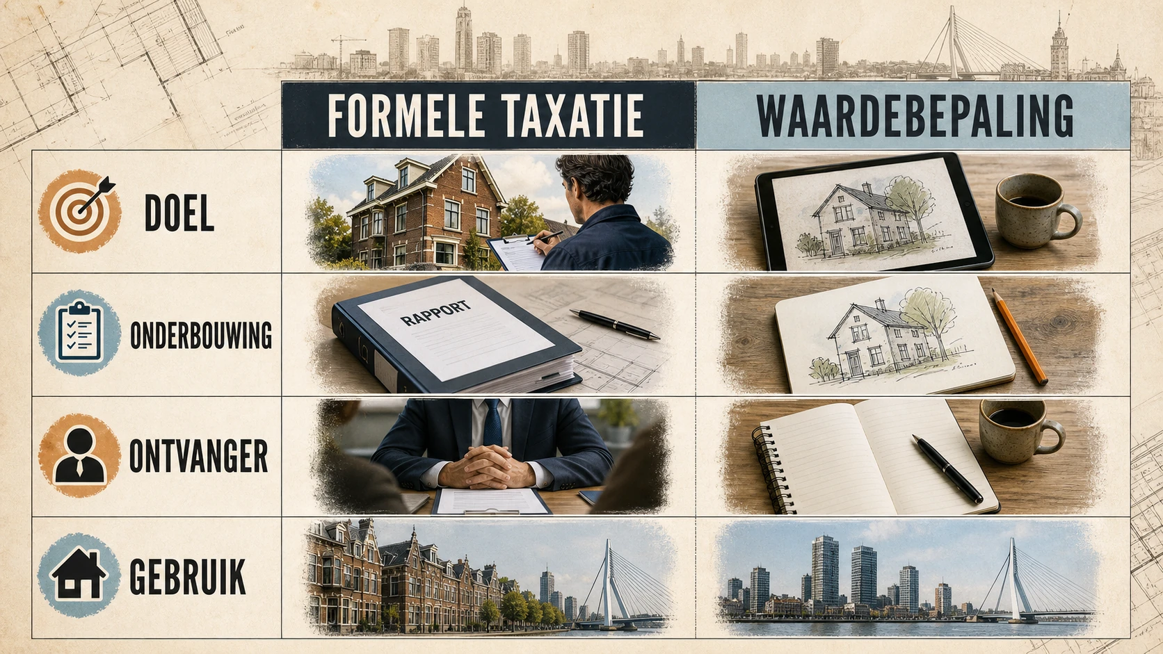 Vergelijking tussen formele taxatie en waardebepaling op doel, onderbouwing, ontvanger en gebruik
