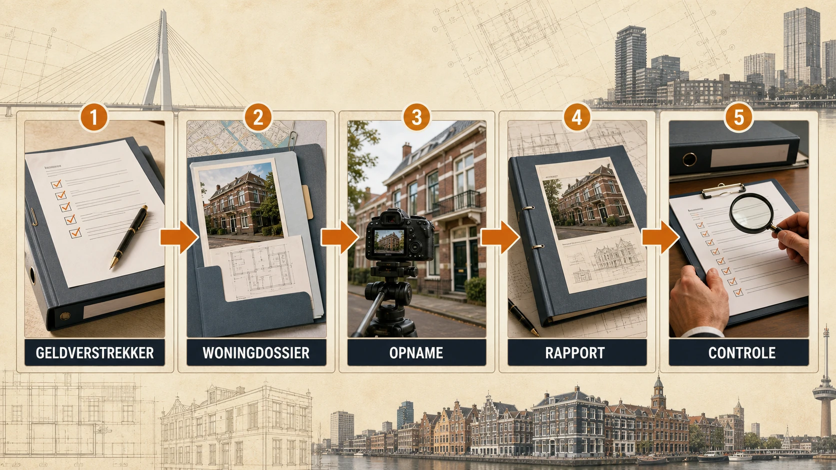 Proces van hypotheekwaardering van voorwaarde en woningdossier via opname en rapport naar controle door de geldverstrekker