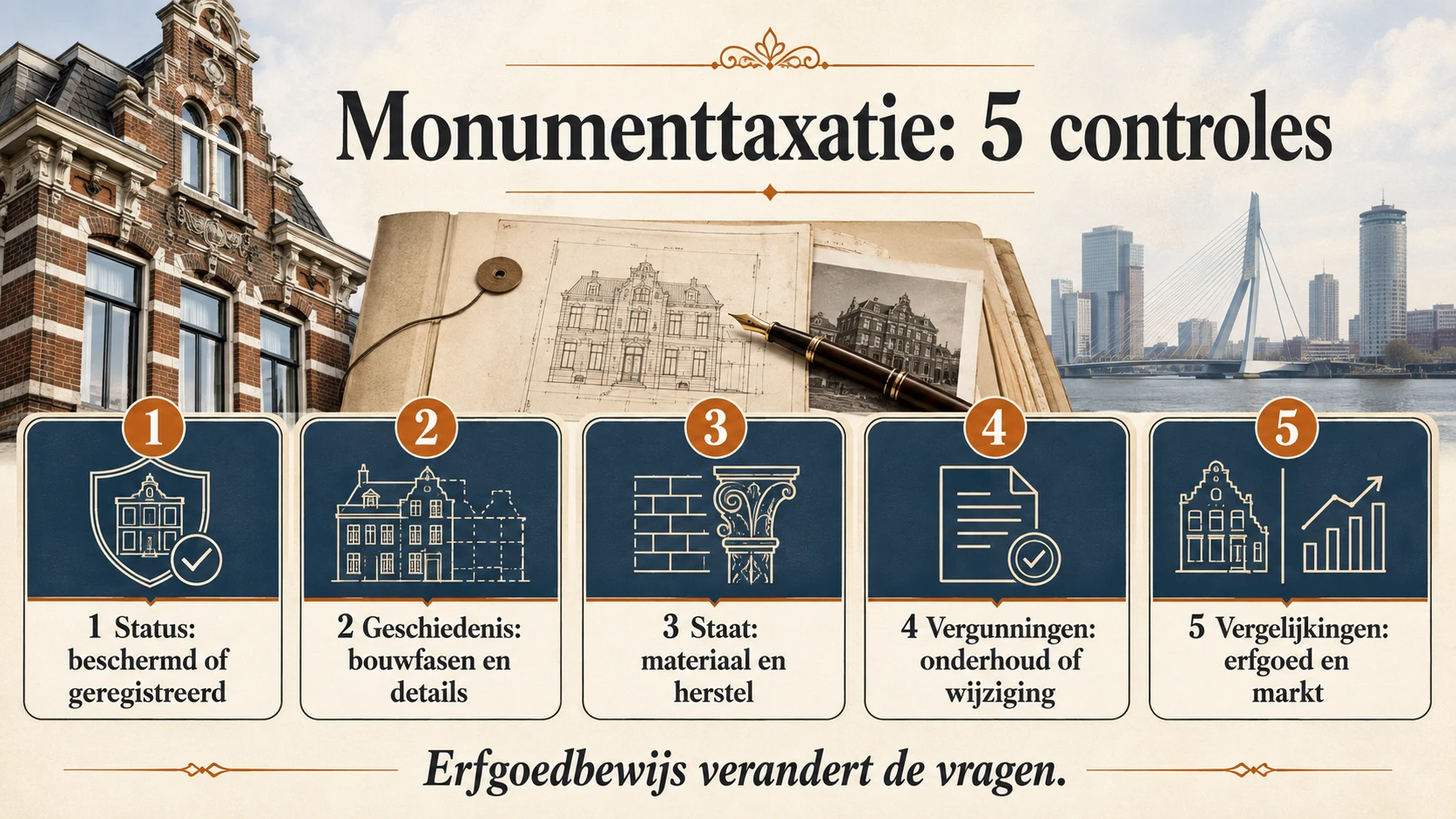 Vier monumentale taxatiekeuzes in Rotterdam met score, monumentale reikwijdte, locatie en open vraag