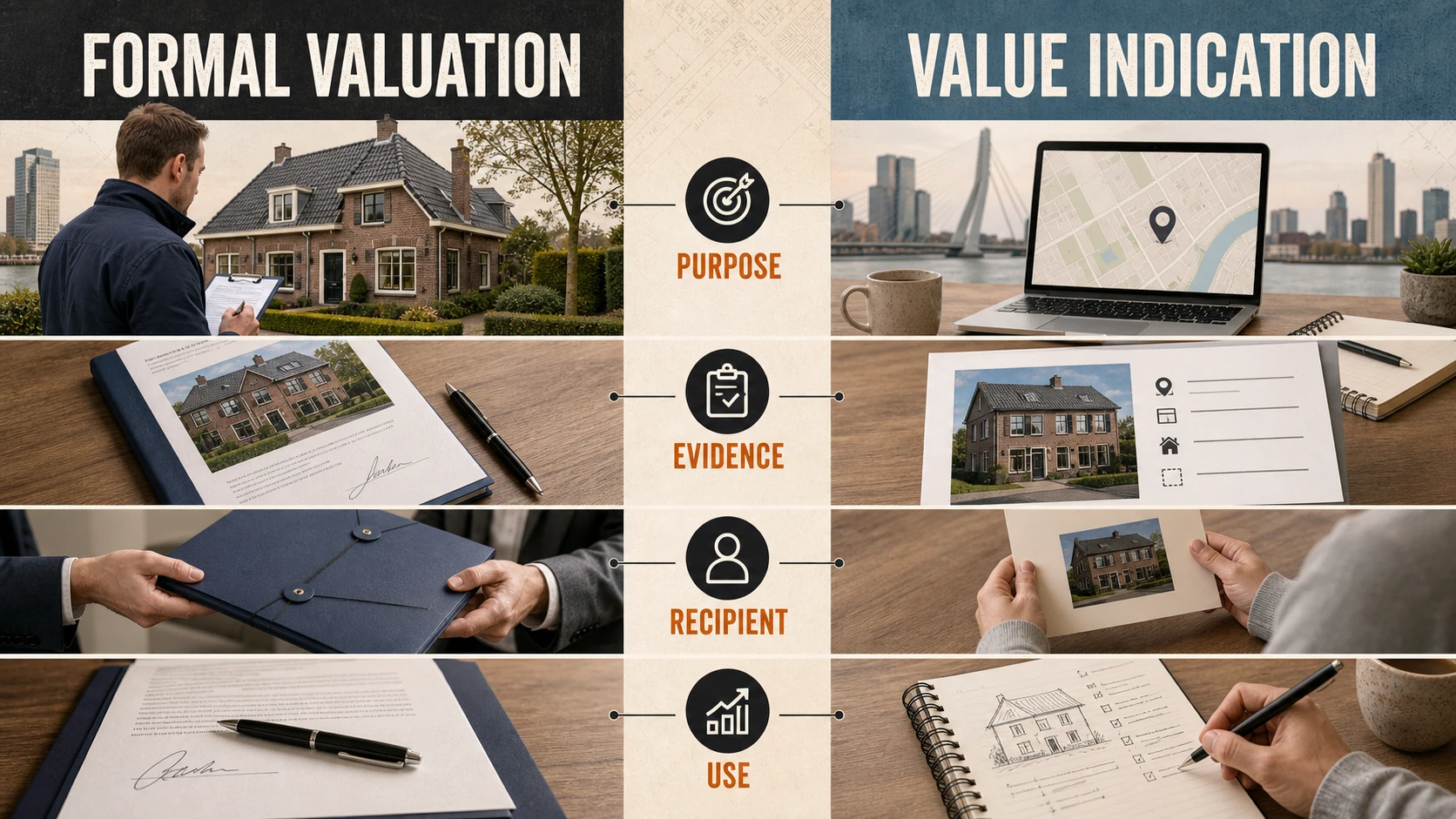Comparison of a formal property valuation and a value indication by purpose, evidence, recipient and use