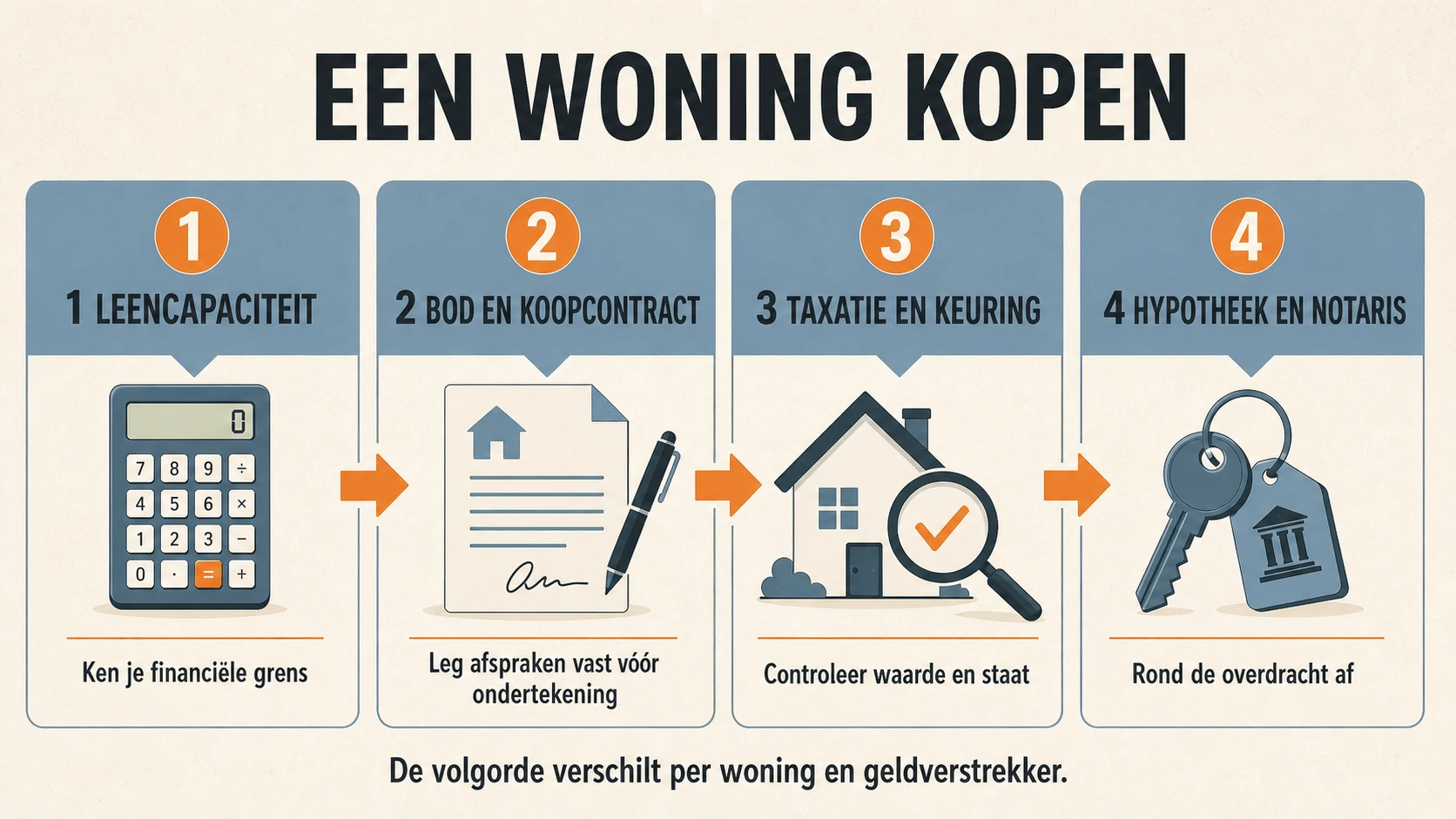 Stappenplan voor een woning kopen met leencapaciteit, bod en koopcontract, taxatie en keuring, hypotheek en notaris