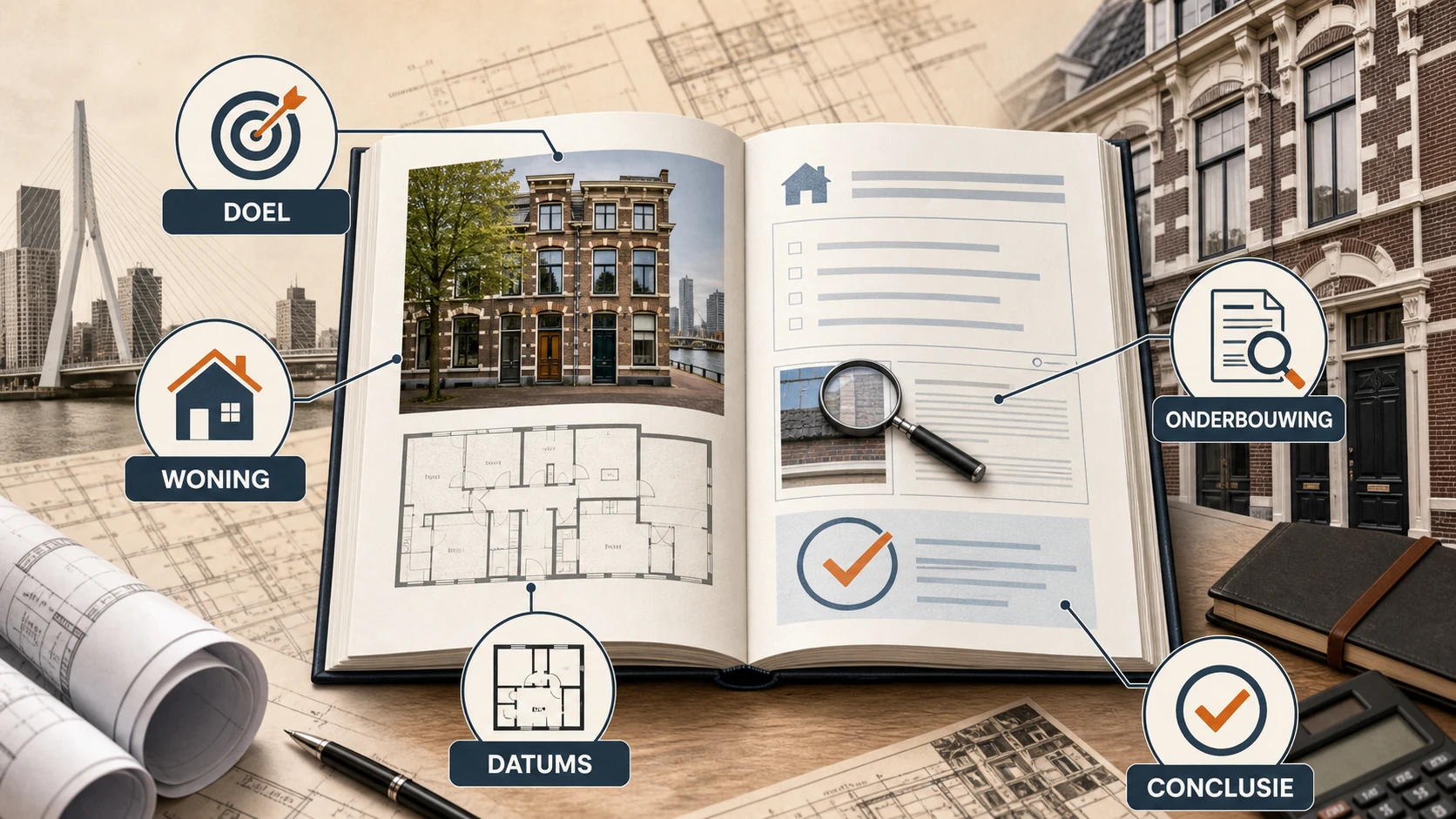 Schema met doel, woning, datums, onderbouwing en conclusie in een taxatierapport