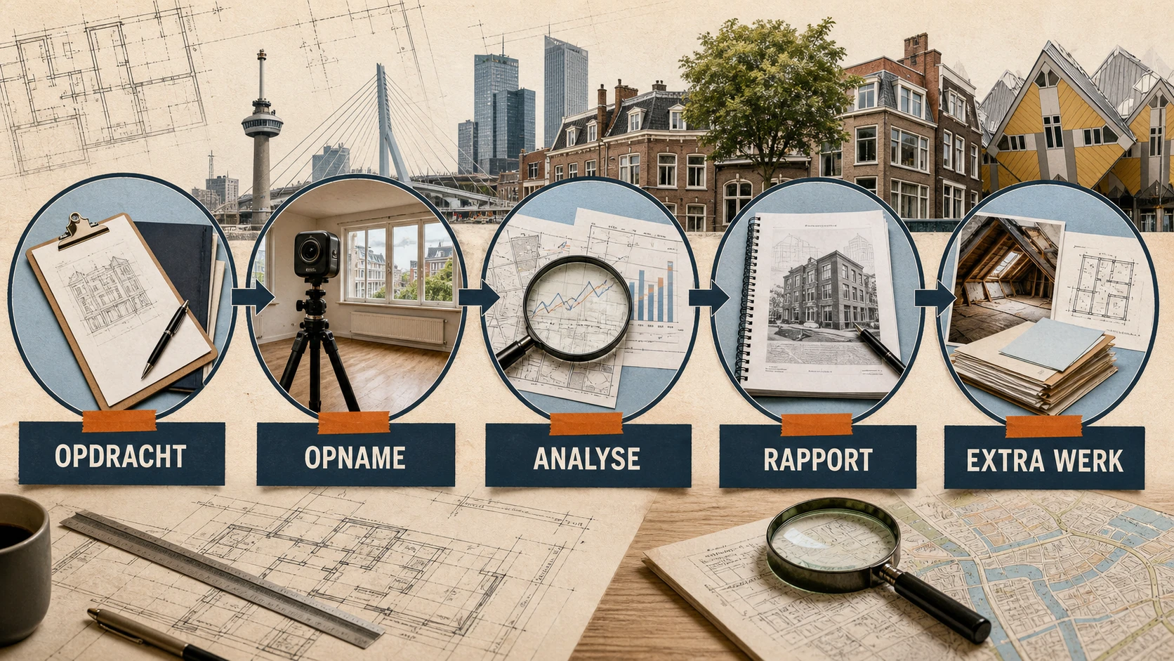 Schema van kostenonderdelen bij een woningtaxatie van opdracht en opname tot analyse en rapportcontrole