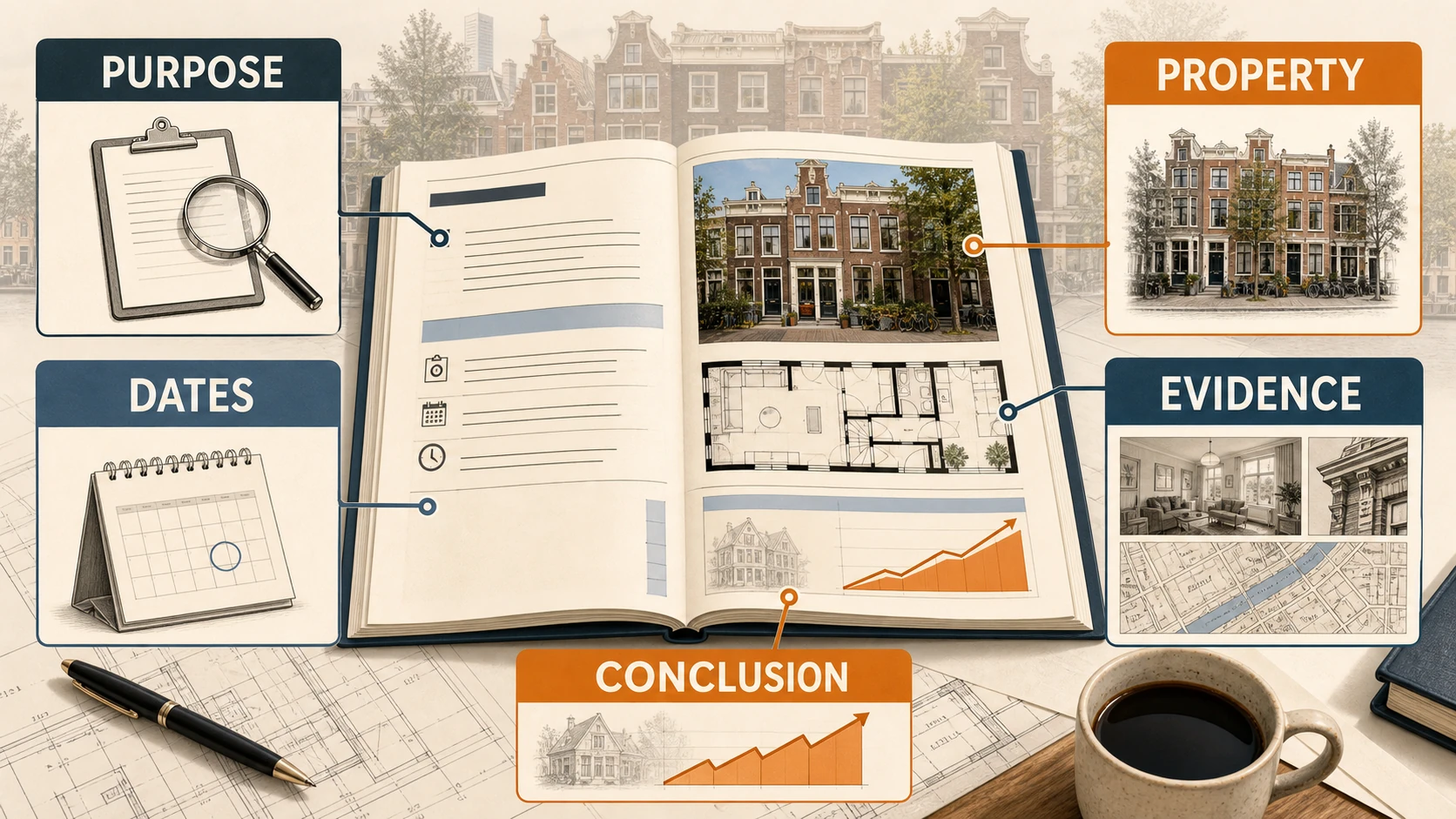 Five-part diagram showing purpose, property, dates, evidence and conclusion in a property valuation report