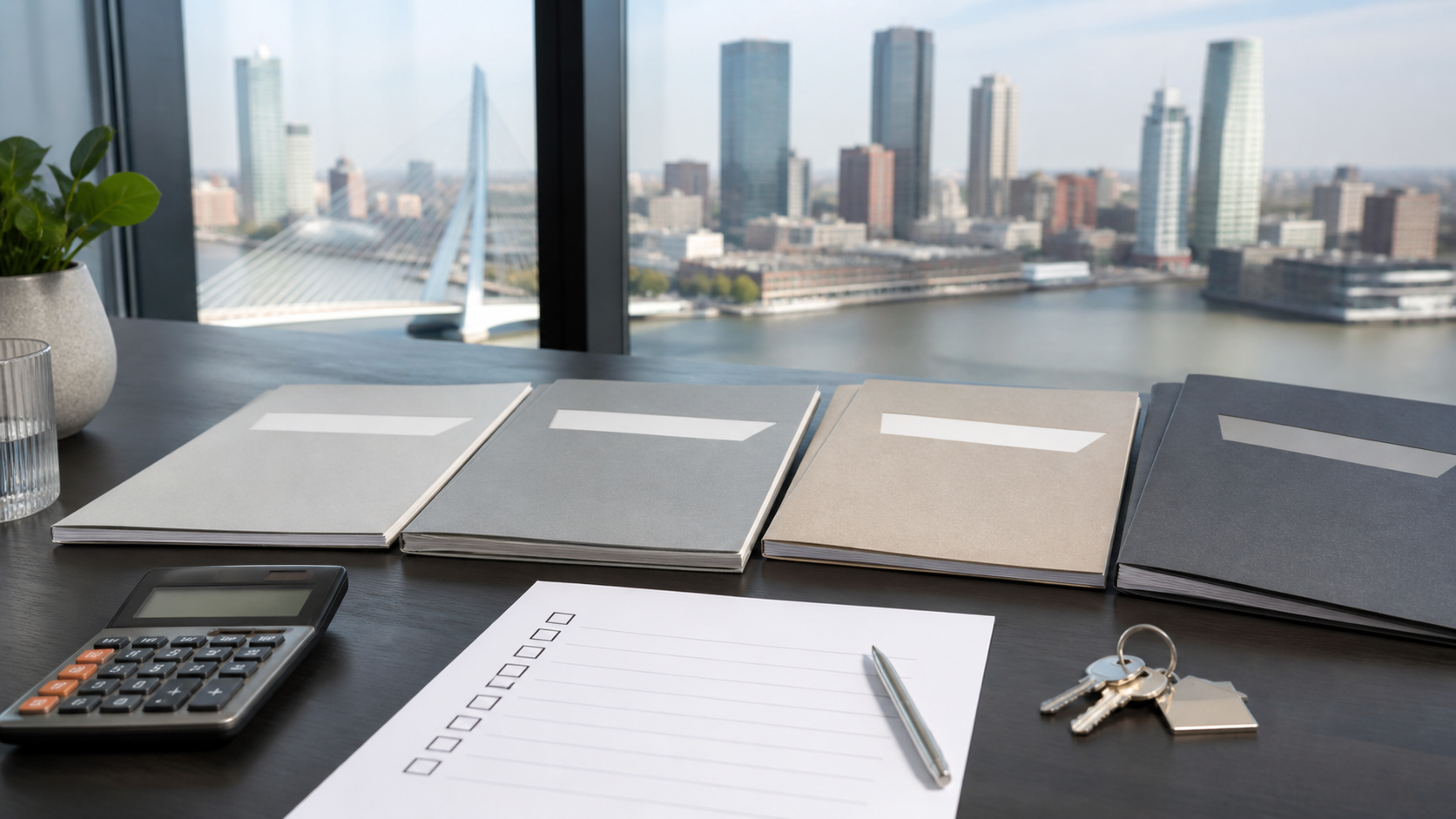 Taxateur beoordeelt een NHG-woningdossier met Rotterdamse woningen op de achtergrond