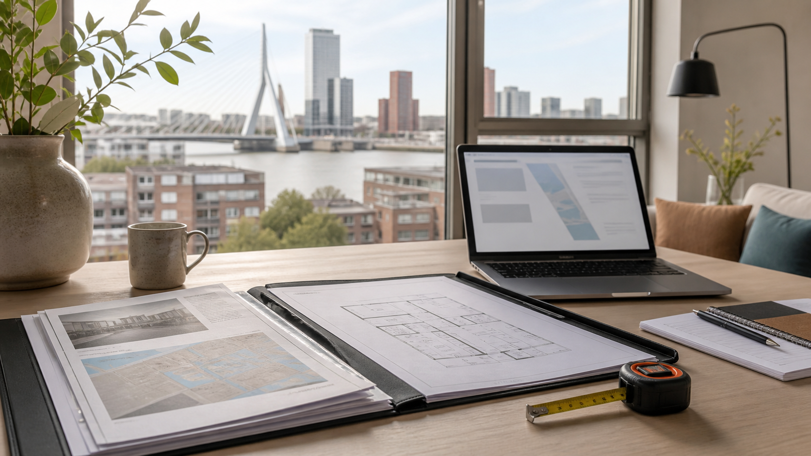 Rotterdam apartment documents, a floor plan and measuring tools arranged beside a laptop