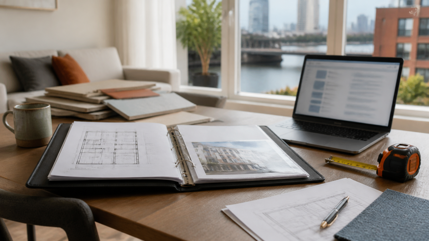 Rotterdamse woningdocumenten, een bouwtekening en meetgereedschap naast een laptop