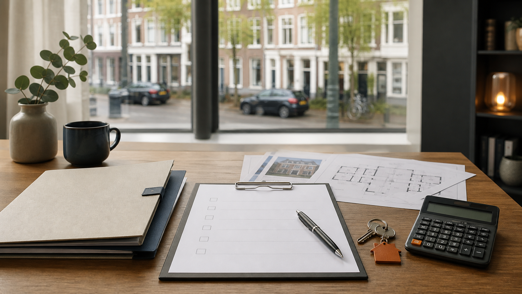 Checklist voor een hypotheektaxatie op een bureau met bouwtekeningen, sleutels, rekenmachine en Rotterdamse woningen
