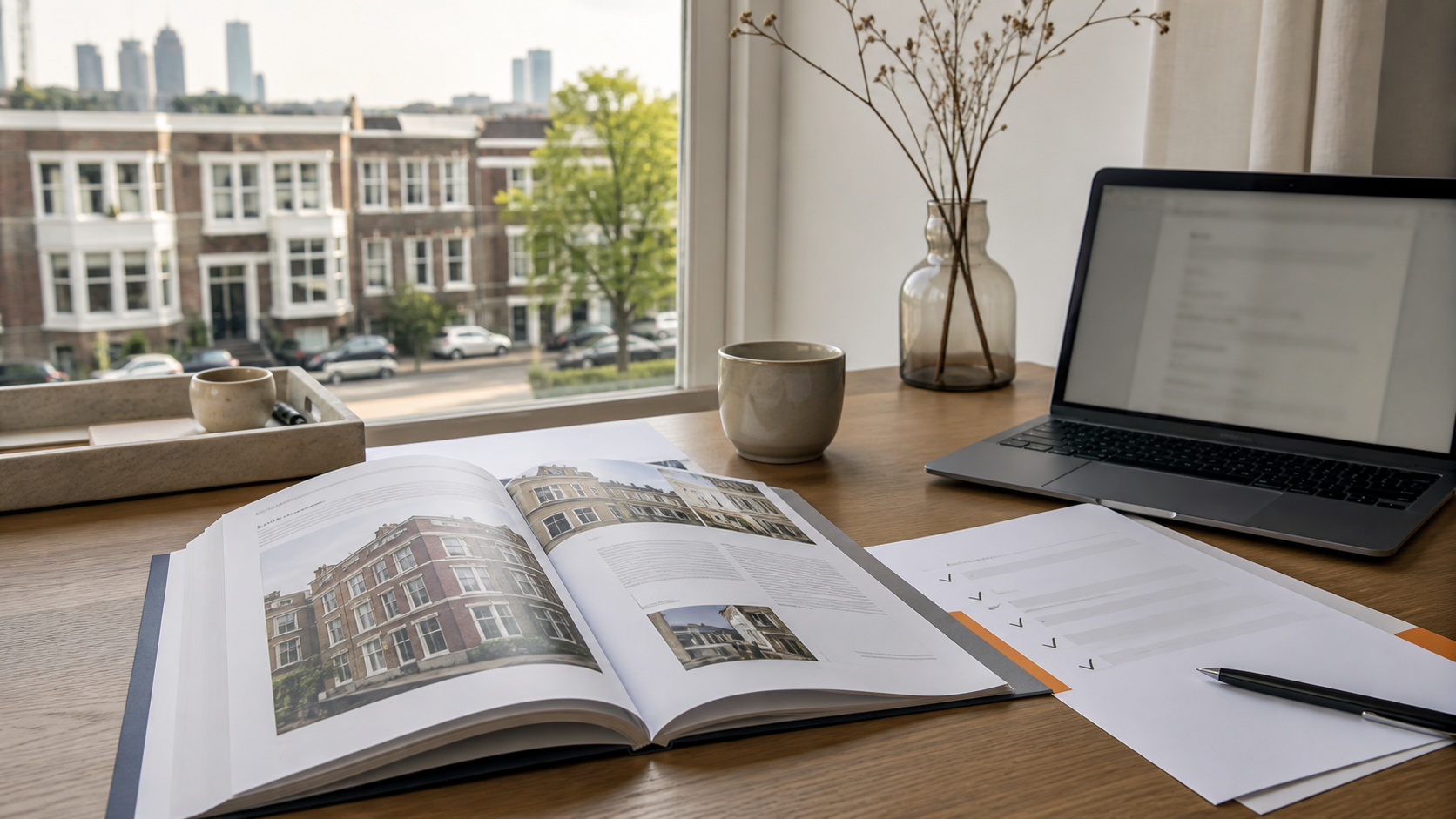 Rotterdams taxatierapport op een bureau met controleblad, laptop en zicht op woningen