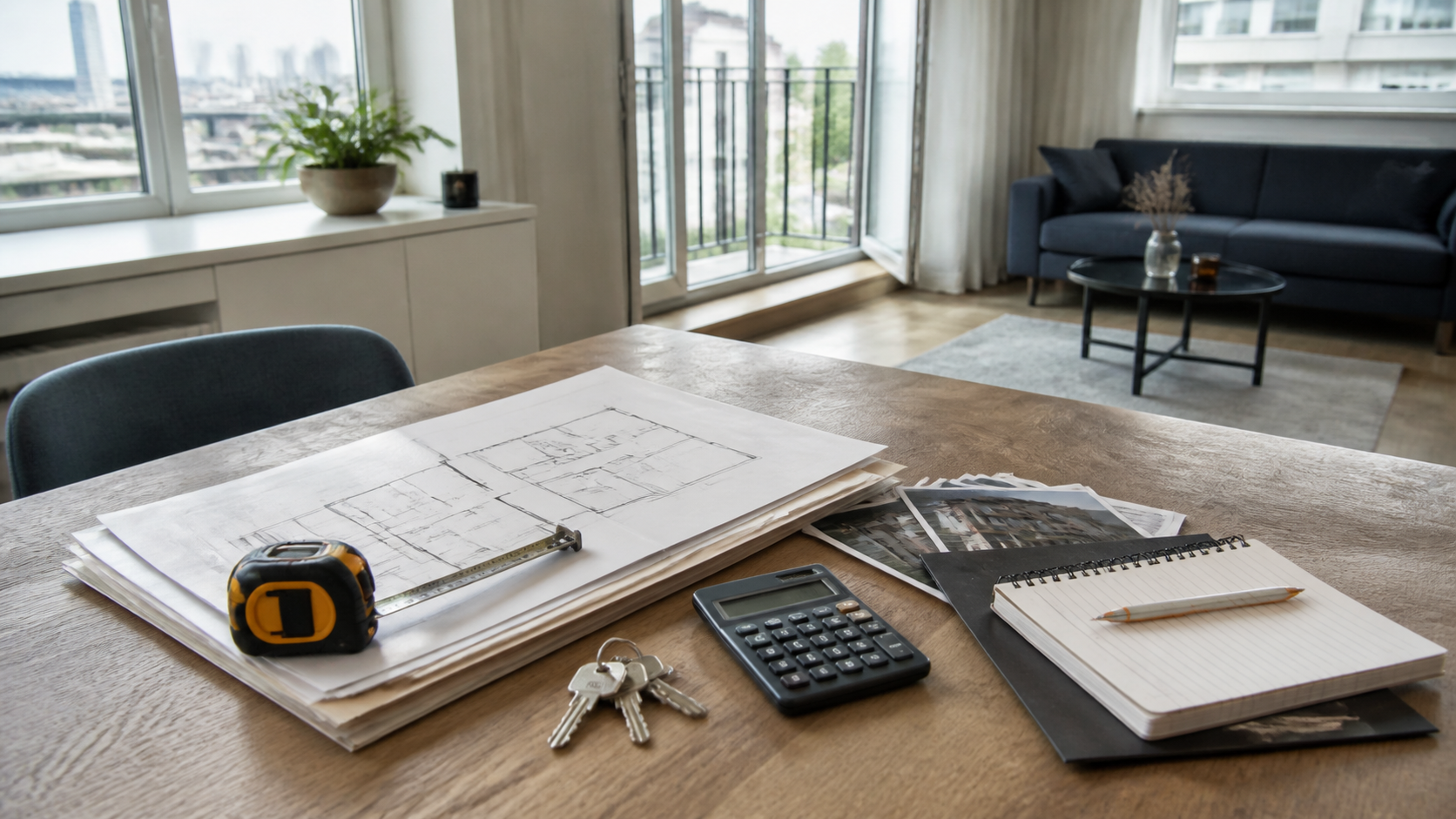 Woningdossier, bouwtekening en meetlint op een tafel in een lichte Rotterdamse woning