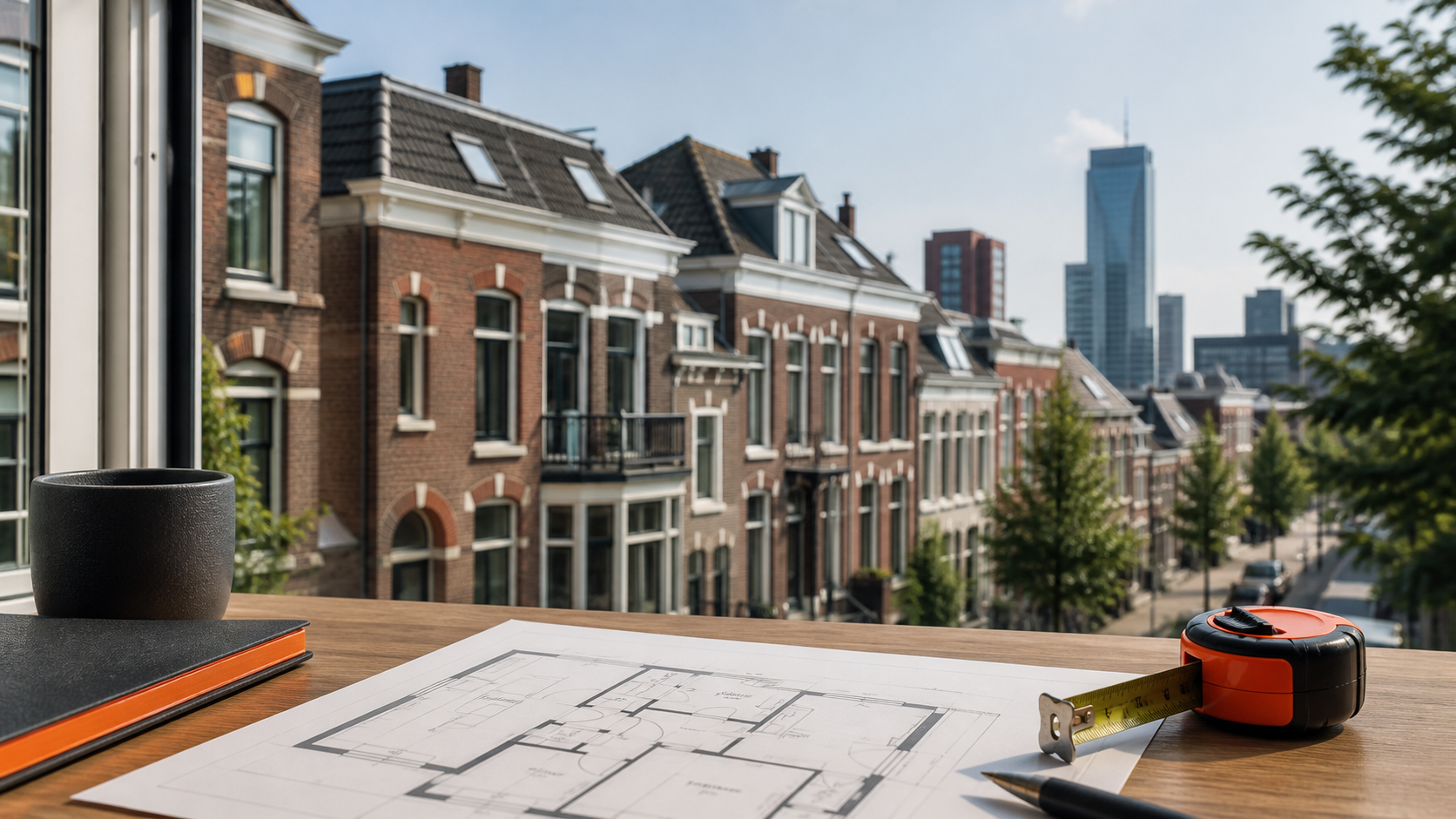 Rotterdamse woonstraat met een woningplan en meetlint voor een gids met vragen over taxateurs