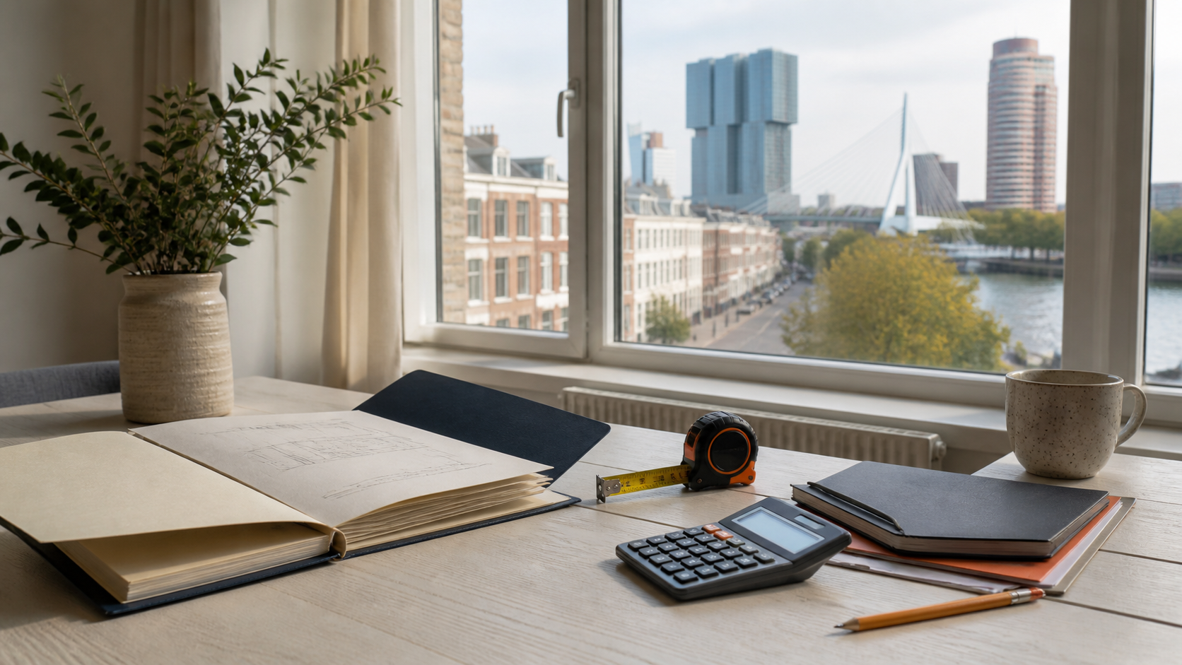 Rotterdamse woningtaxatie op een bureau met bouwtekening, taxatiemap, rekenmachine en meetgereedschap