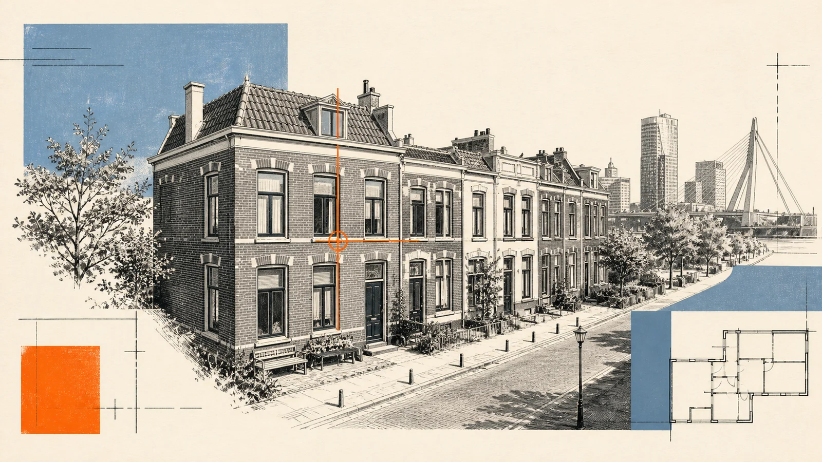 Rotterdamse woningen met een oranje taxatiekruis en lijnen uit een bouwtekening