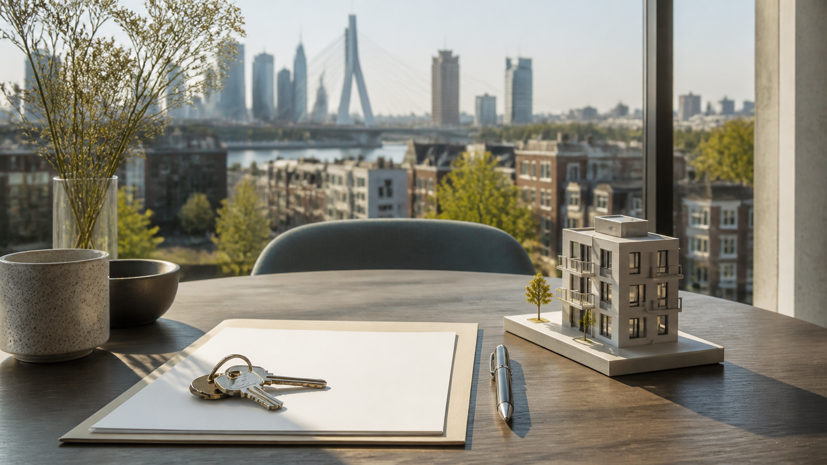 Nieuwbouwplannen, bouwdetails en inspectiegereedschap voor een taxatiedossier in Rotterdam