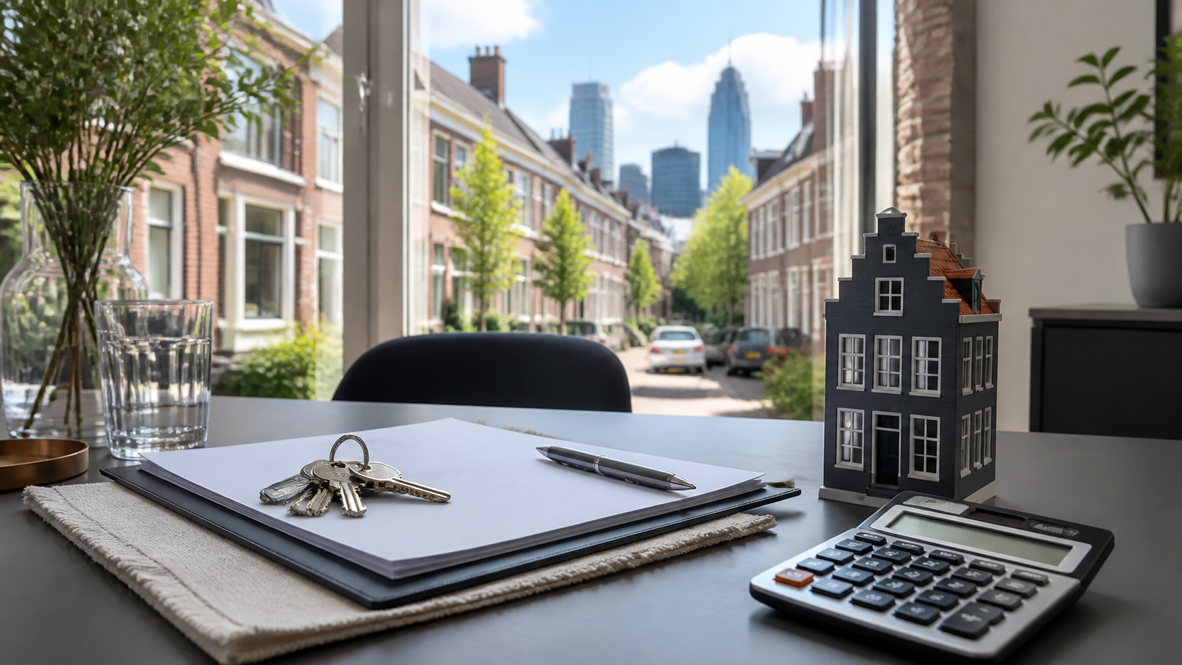 Woningkoper bekijkt een bod, taxatiedossier en sleutels tijdens een woningaankoop in Rotterdam