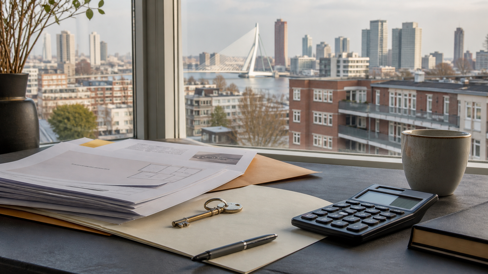 Huiseigenaar bekijkt een hypotheekdossier en actuele woningwaarde voor oversluiten in Rotterdam