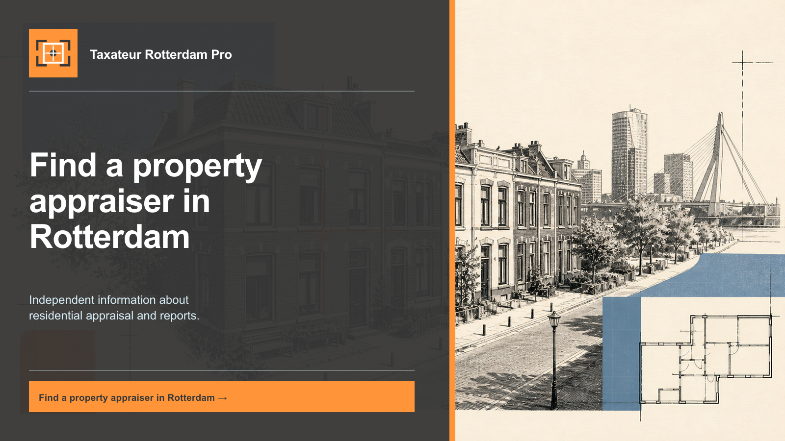 Taxateur Rotterdam Pro branded media graphic with the text “Find a property appraiser in Rotterdam”